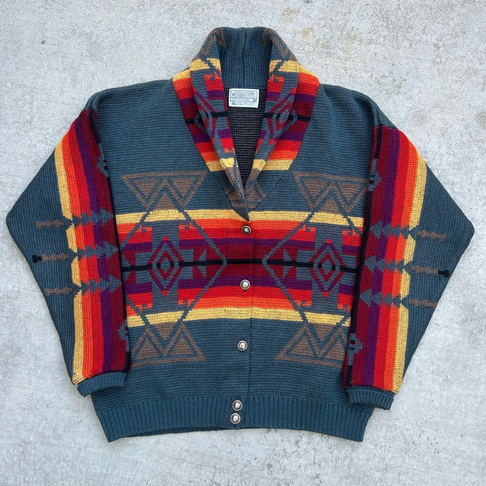 Pendleton Cardigan M Teal Blue Southwestern Geometric Vintage 90s Made In USA